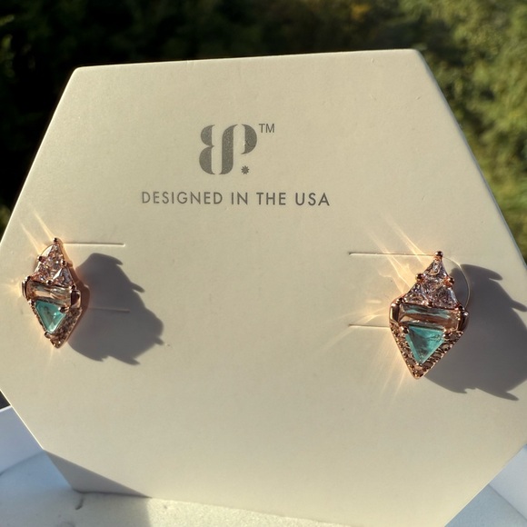 BP Bomb Party RBP5754 Beautiful Dreamer Earrings Rose Gold Aqua Blue Quartz NEW - Picture 2 of 4